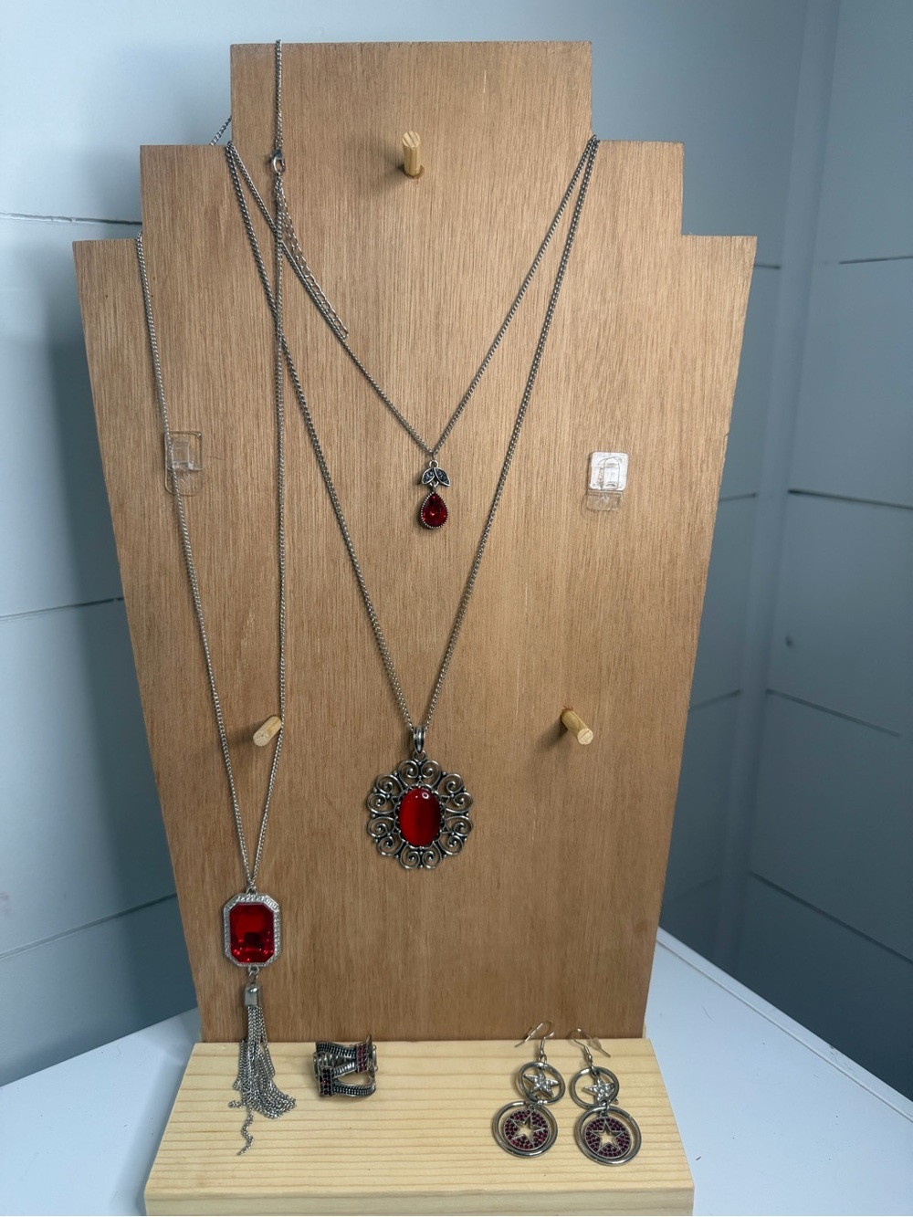 Silver-Tone Ruby Red Gem Layered Necklace Set - Women Jewelry